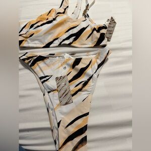 Striped Bikini Set in Black, White, and Tan